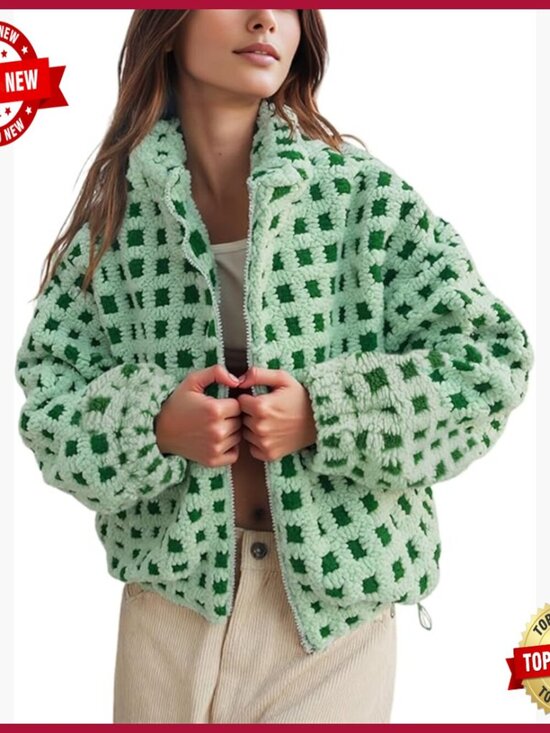 Jackets & Blazers - Women's Sherpa Fleece Jacket Long Sleeve Zip Up Cropped Coats Warm